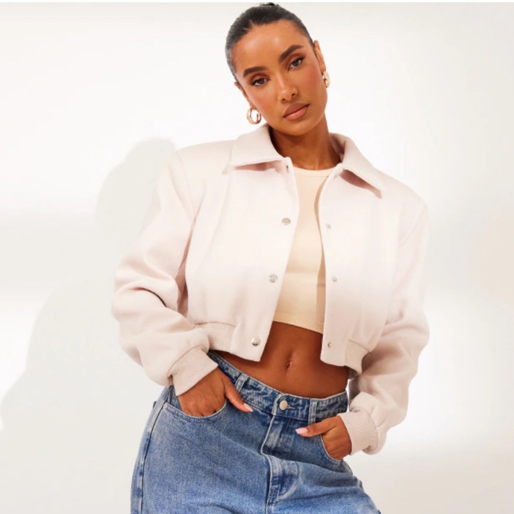 NWT Stone Beige Shoulder Padded Wool Look Cropped Bomber Jacket